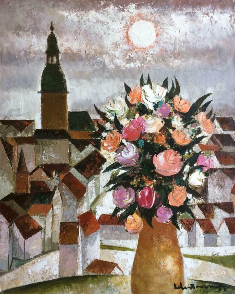 Laimdots Murnieks City   Roses 1988. Oil On Cardboard