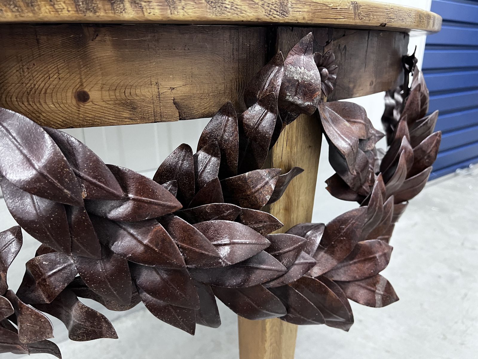 Demi Lune Pine Italian Console With Broad Metal Leafy Adorn photo furniture