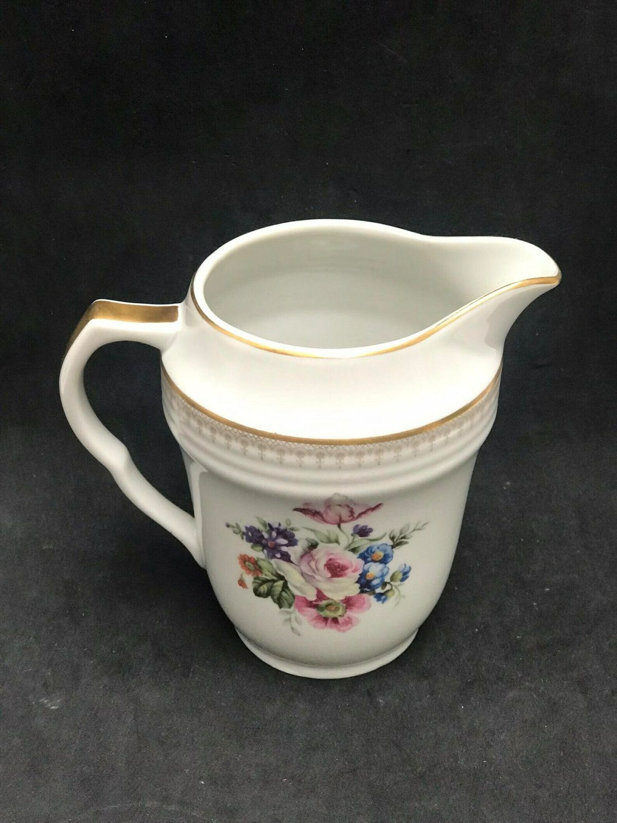Porcelain Milk Jug Creamer Floral Milk Pot Tea Coffee 1940s Porcelain De Boudour Cerabel Belgium Wedding Gift Illustration Gold Rim photo for sale