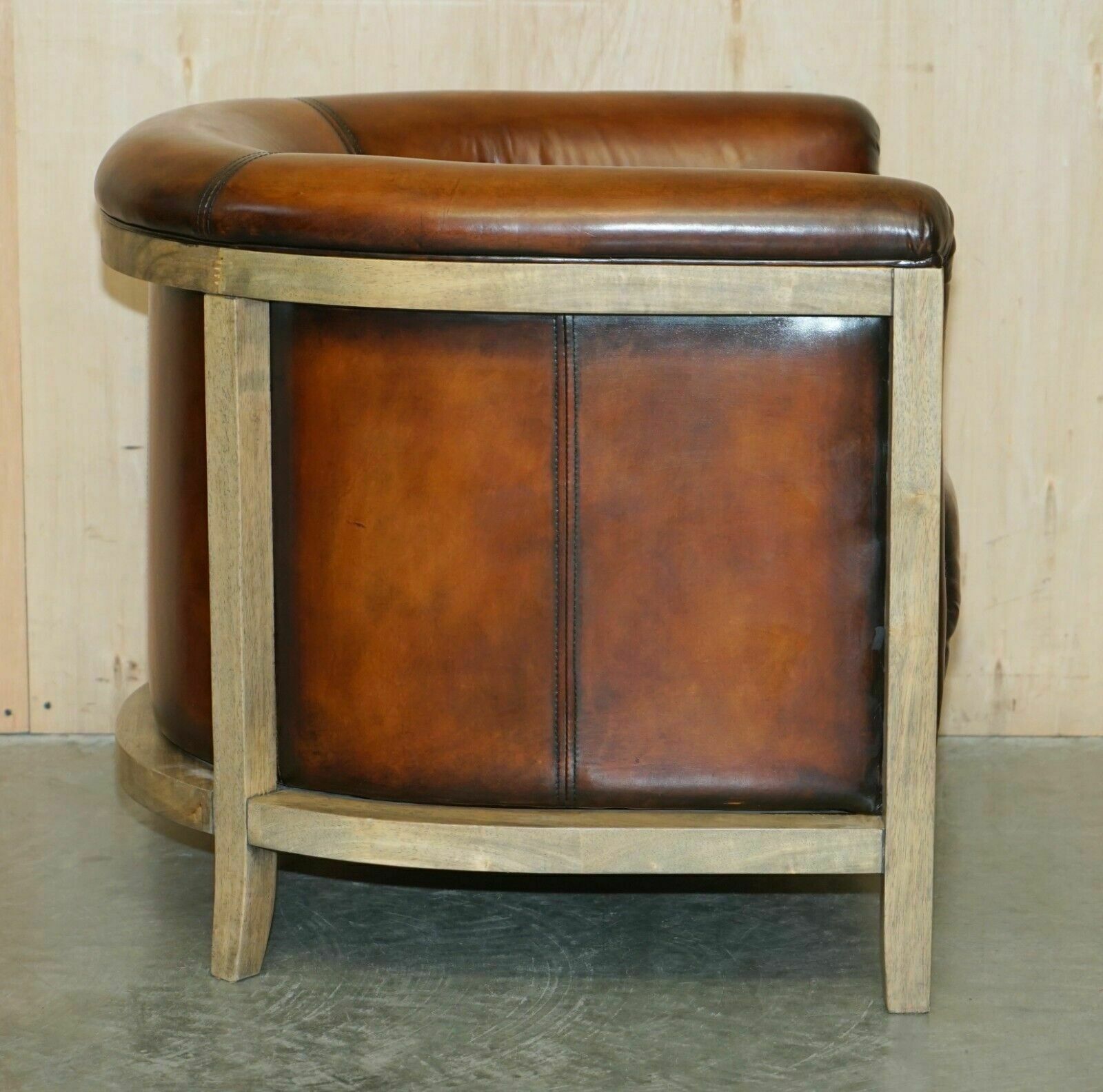 photo buy Pair Of Fully Restored Stitched Brown Leather Limed Oak Tub / Club Armchairs