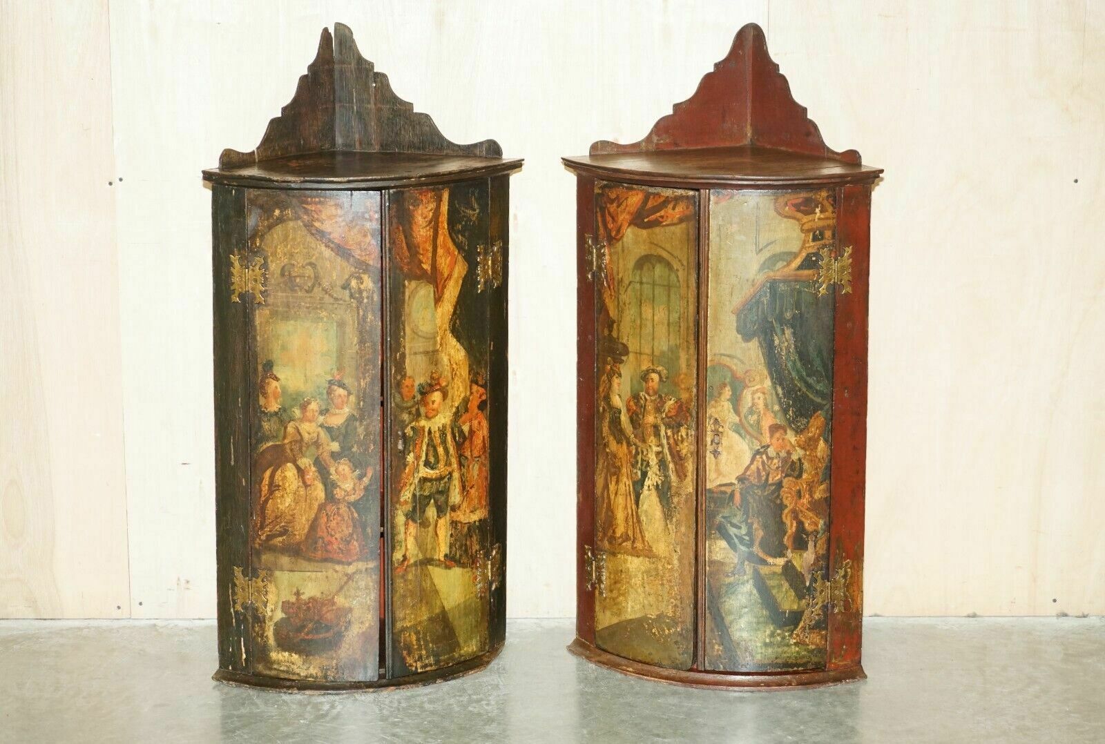 Pair Of George I Circa 1700 Henry VIII Polychrome Painted Corner Wall Cabinets