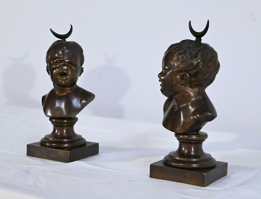 Pair Of Bronzes "Laughing Jean, Crying Jean", After Ja.Houdon   Late 19th Century photo for sale