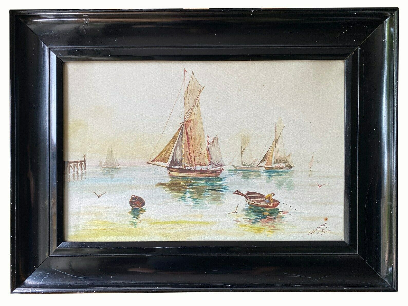 Pair Of Early 20th Century Watercolours Boats In Calm Water Signed Jno G Mckenzie photo for sale