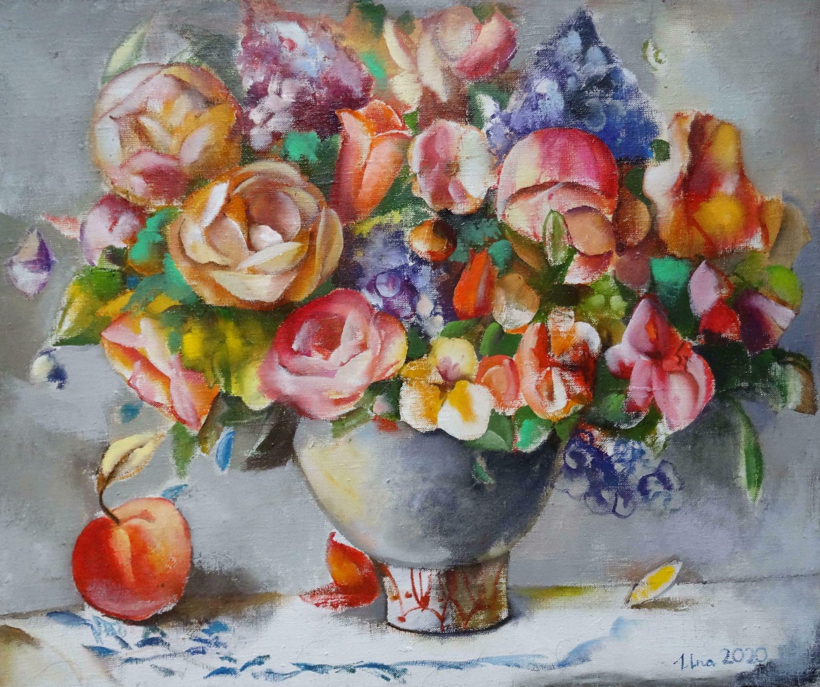 Una Lekuze Still Life With Flowers And Apple. 2020. Oil On Canvas