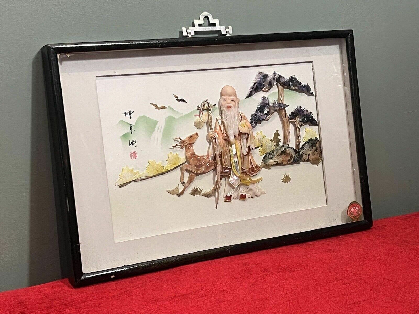 Oriental Chinese Lao Shouxin Deity Of Longevity Mother Of Pearl Artwork Signed photo furniture