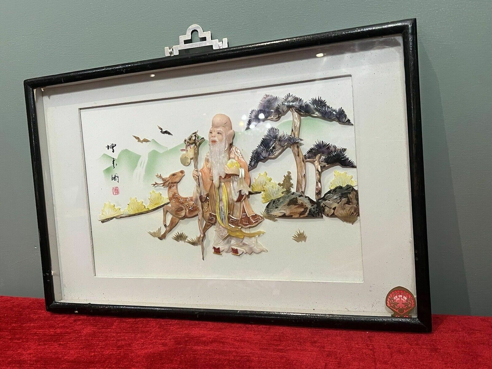 Oriental Chinese Lao Shouxin Deity Of Longevity Mother Of Pearl Artwork Signed photo Art