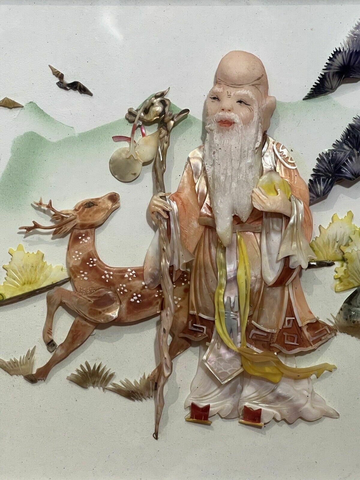 Oriental Chinese Lao Shouxin Deity Of Longevity Mother Of Pearl Artwork Signed photo vinterior