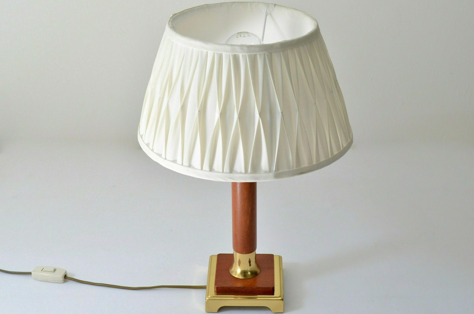 Vintage Brass With Wood Table Lamp With Fabric Pleated Shade Attributed To Temde Leuchten Germany, Hollywood Regency Style 1970s photo Lighting