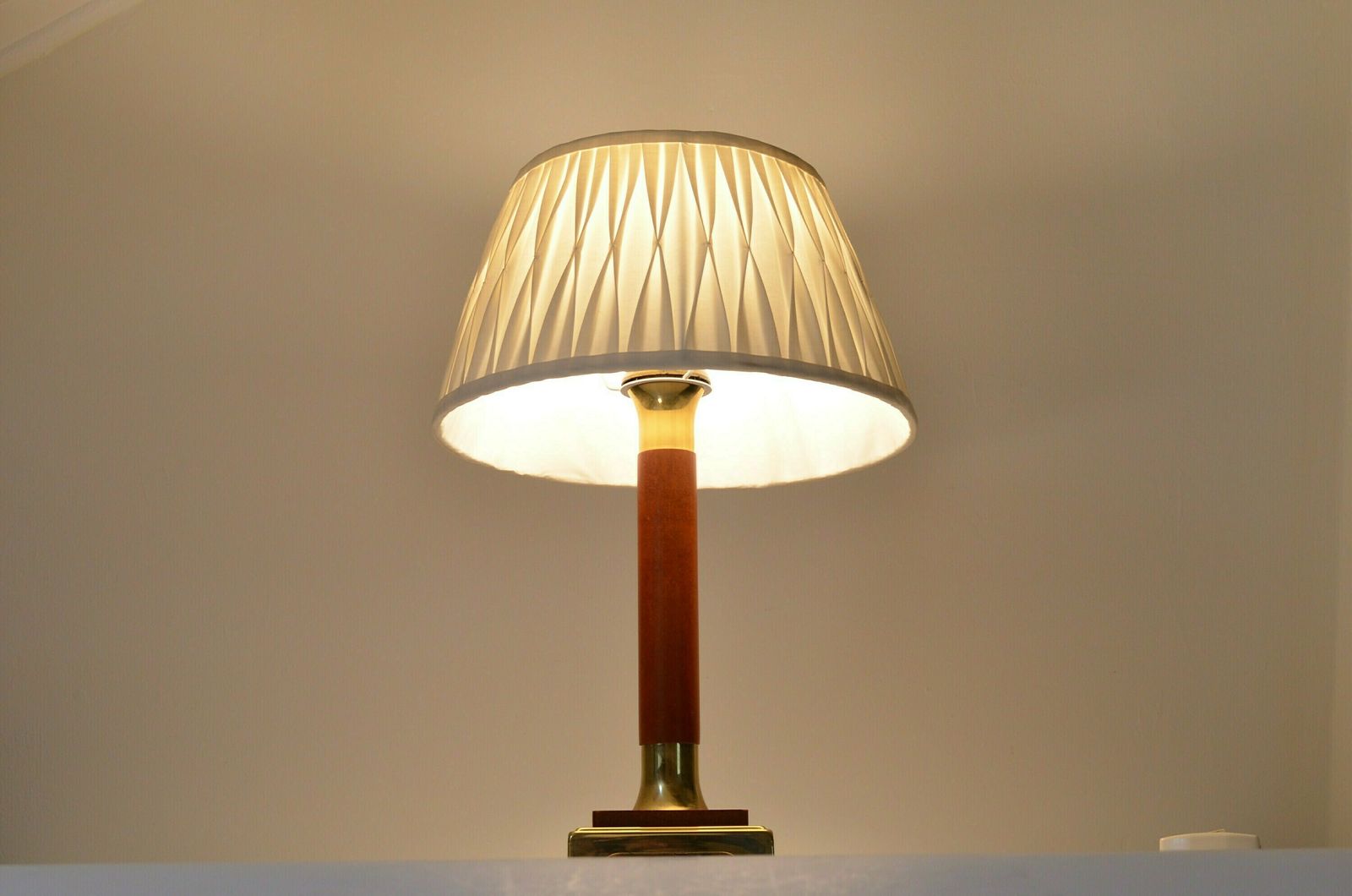 Vintage Brass With Wood Table Lamp With Fabric Pleated Shade Attributed To Temde Leuchten Germany, Hollywood Regency Style 1970s photo vintage