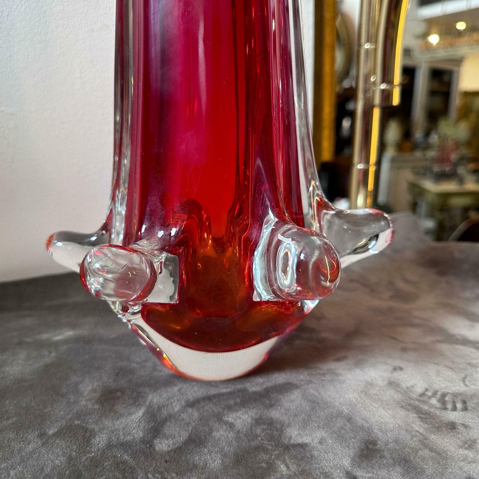 1980s Modernist Red Sommerso Murano Glass Tall Vase By Seguso photo vintage