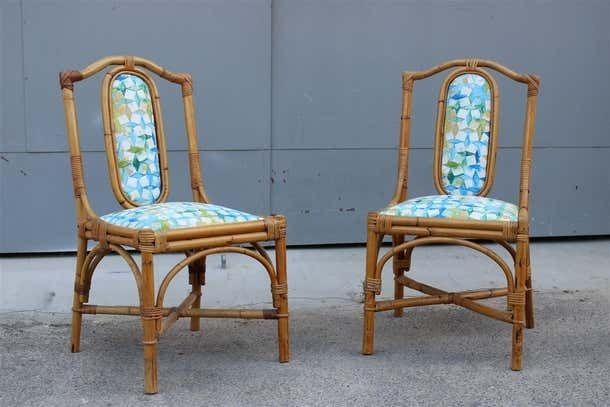 Mid Century Italian Pair Bamboo Chairs Multicoloured Fabric For The Sea photo furniture