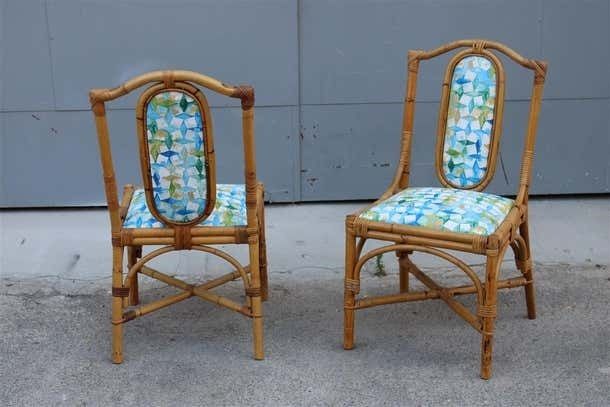 Mid Century Italian Pair Bamboo Chairs Multicoloured Fabric For The Sea photo Furniture