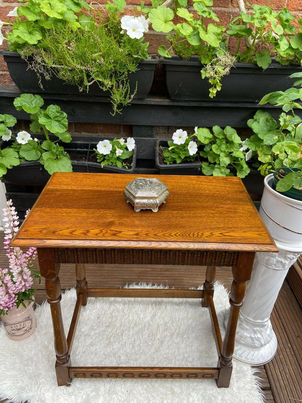 Vintage Priory Oak Hall Table / Carved Details / Light Oak / 1970s