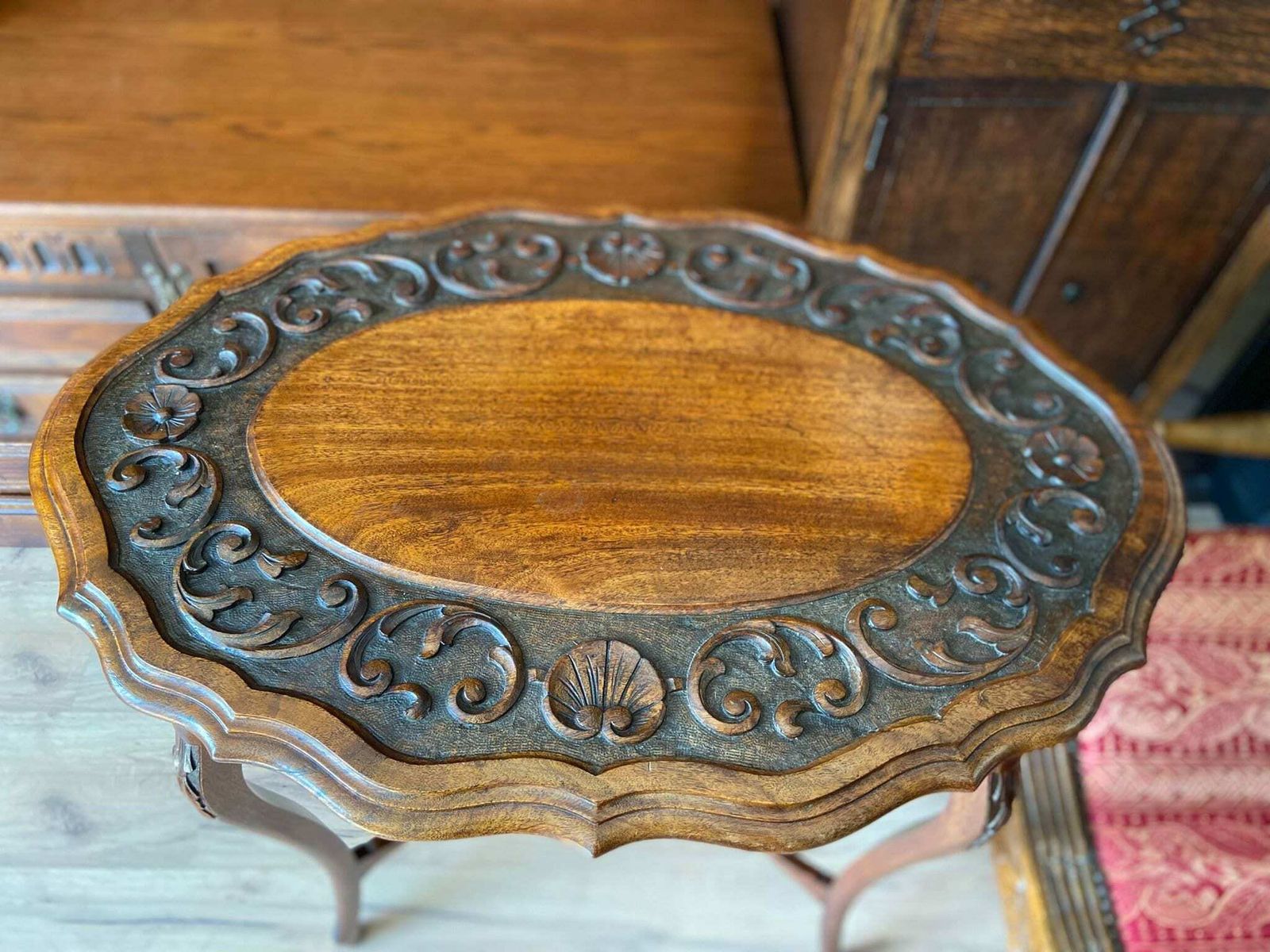 Antique Victorian Mahogany Oval Foliate Carving Window Table / English 19th Century photo furniture