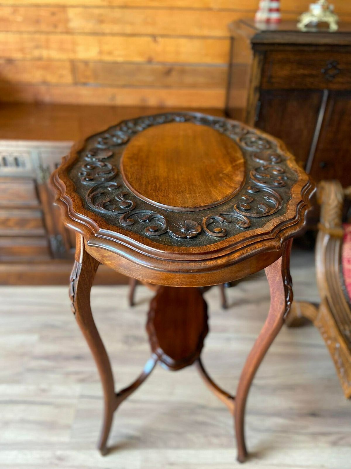 Antique Victorian Mahogany Oval Foliate Carving Window Table / English 19th Century photo for sale