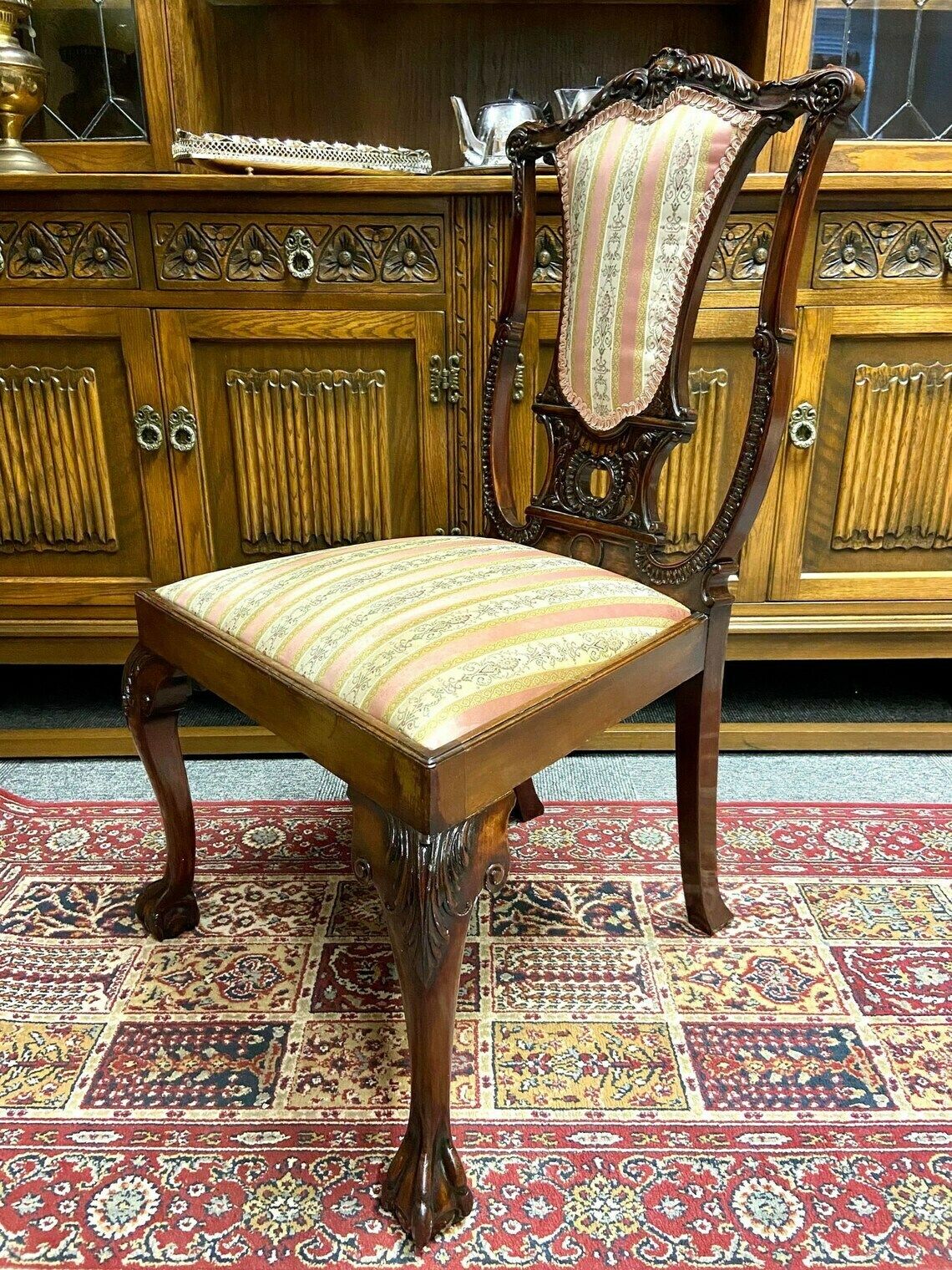 Vintage Heavily Carved Mahogany Bedroom Chair / Made In England / C.1920