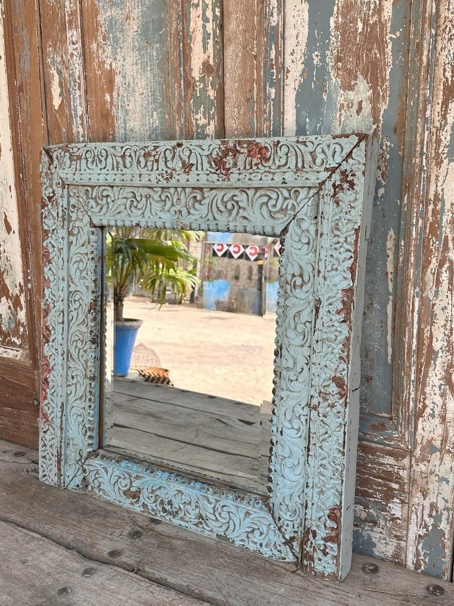Mirror Made From A Carved Palace Window With Faded Blue Paint Tones