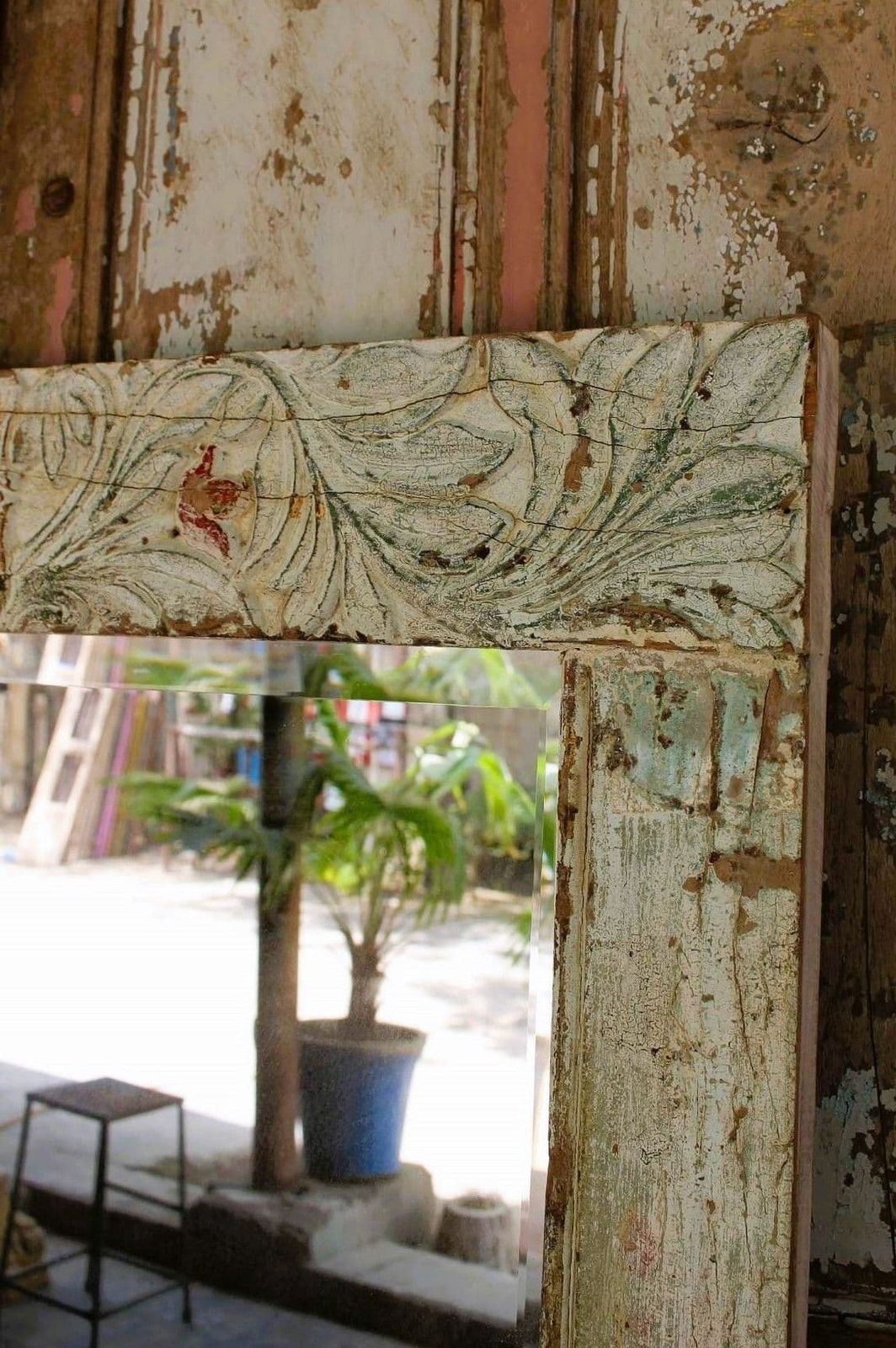 Doorway Mirror With Pale Blue Faded Paint Tones, 19th Century, Gujarat photo Home Decor
