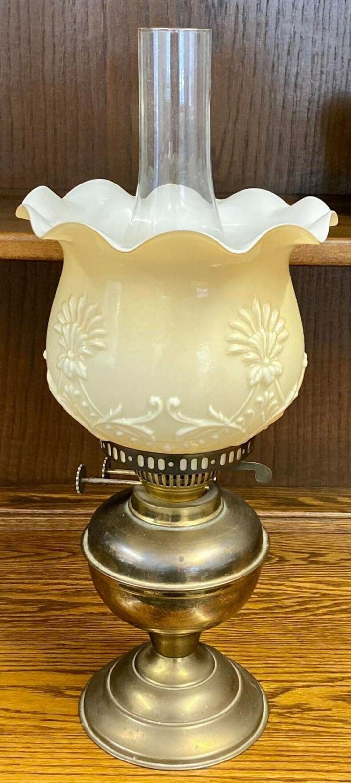Vintage Oil Lamp / Flower Motif Shade / Bohemia Of Czechoslovakia 1950s photo buy