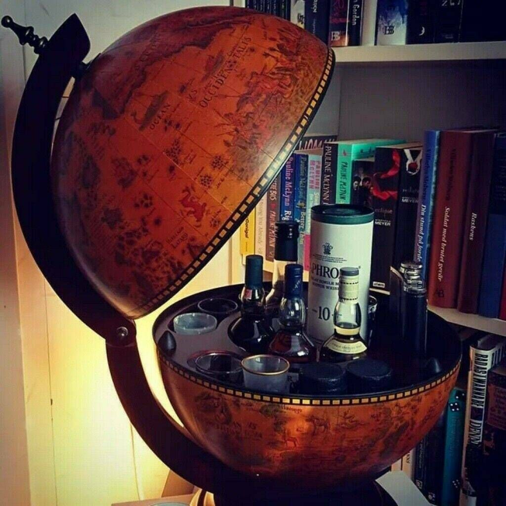 photo furniture Wooden Barglobe For Drinks And Alcohols, Trolley In Shape Of Terrestrial Globe, Home Or Office Furniture