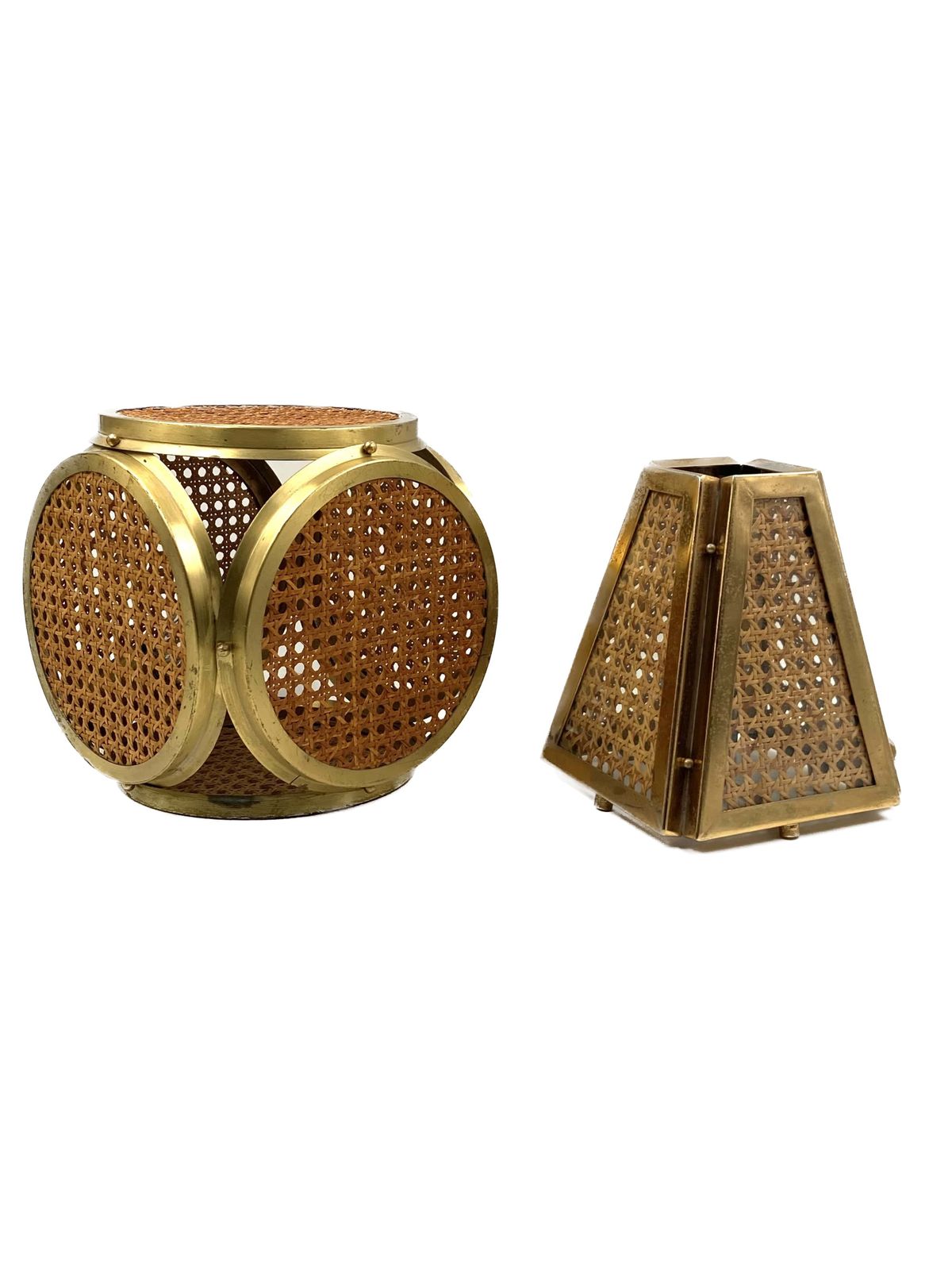 Set Of 2 Hollywood Regency Lamps In Brass And Vienna Straw, Italy 60's / 70's