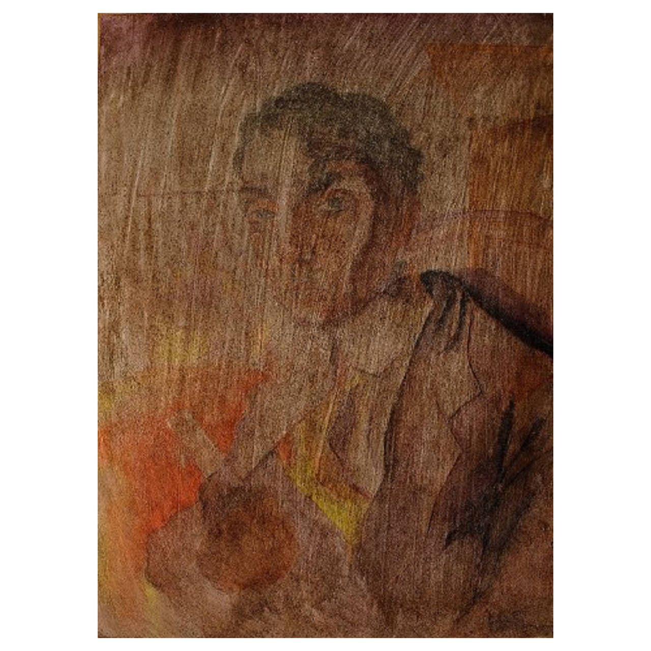 Art Deco Portrait Of A Man, Watercolor On Paper Pasted On A Wooden Board