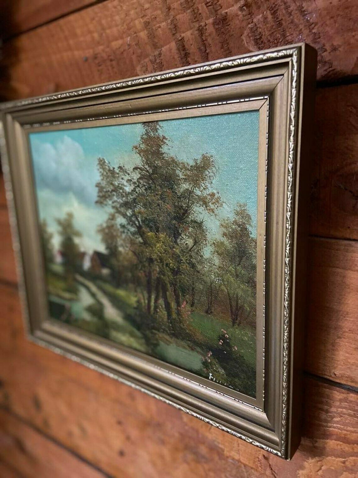 Vintage Oil On Canvas 1980s / Signed Flumen / Framed / Cottage Landscape photo vinterior