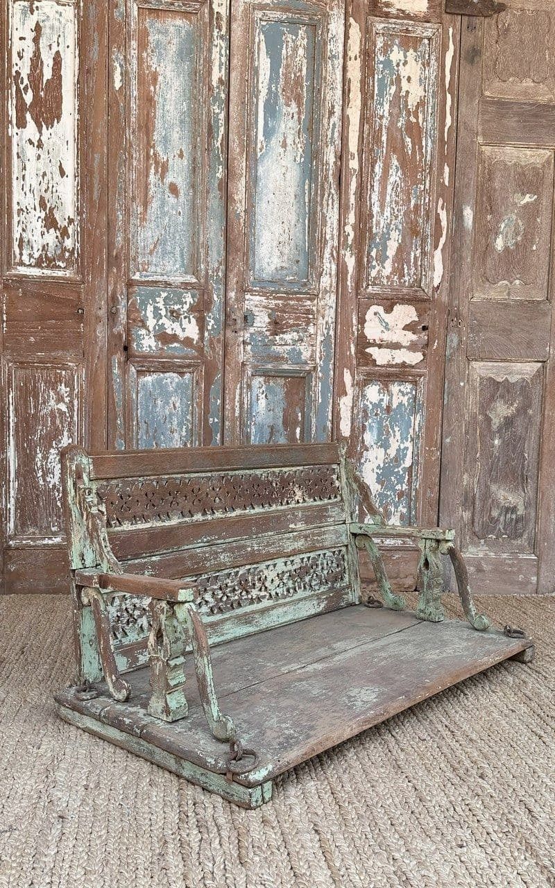 Decorative Teak Swing With Faded Green Paint Tones And Brass Chains photo furniture