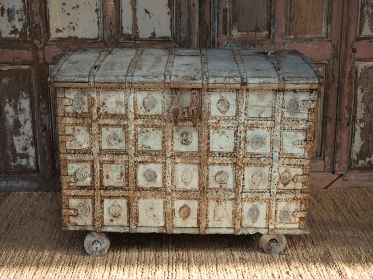 Tribal Dowry Chest On Wheels With Faded Blue Paint