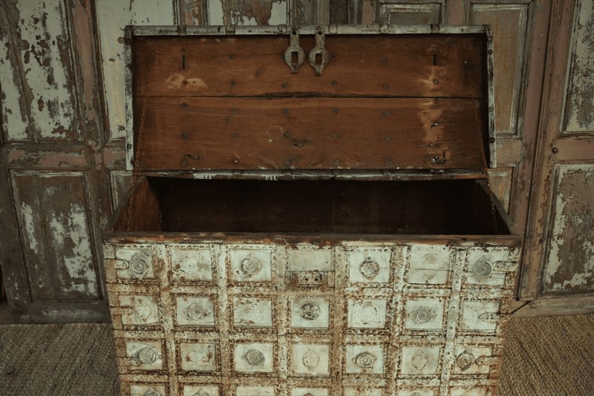 Tribal Dowry Chest On Wheels With Faded Blue Paint photo for sale