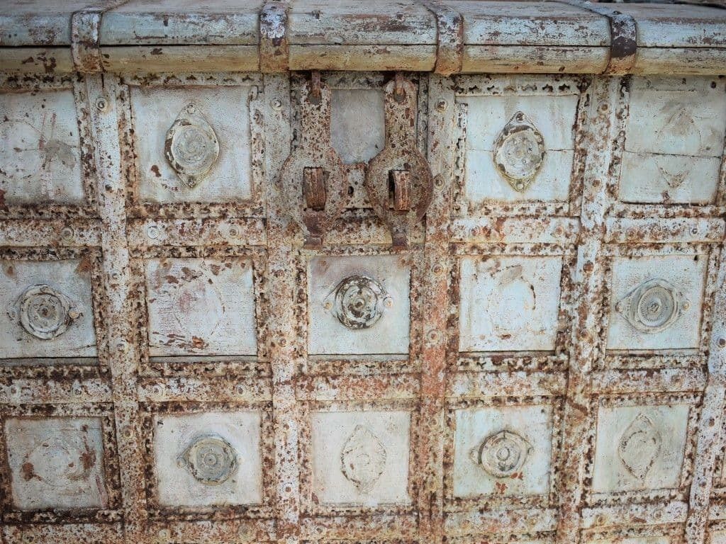 Tribal Dowry Chest On Wheels With Faded Blue Paint photo Furniture