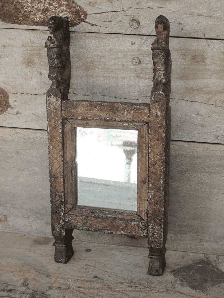 Tribal Mirror With Horse Head And Peacock Carvings