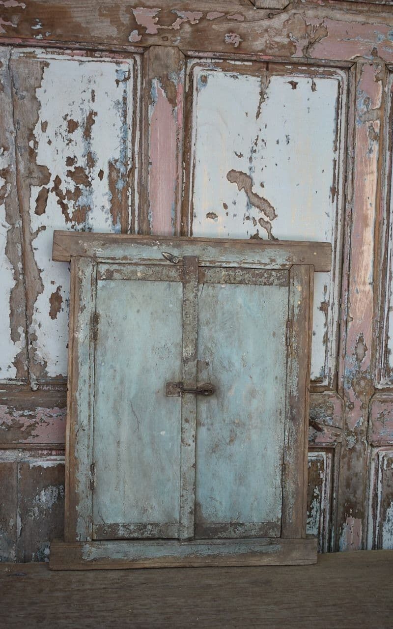 Old Tribal Shutter Mirror With Faded Blue Paint, Kutch photo furniture