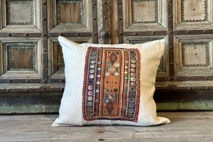 Vintage French Linen Cushion With Antique Tribal Embroidery