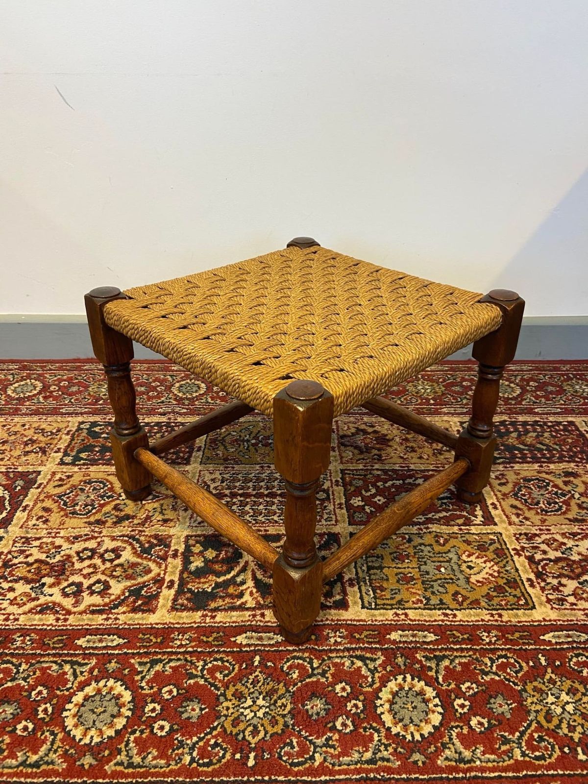 Vintage Small Wooden Foot Stool / Seagrass Top Rustic Low Stool / Plant Stand photo buy