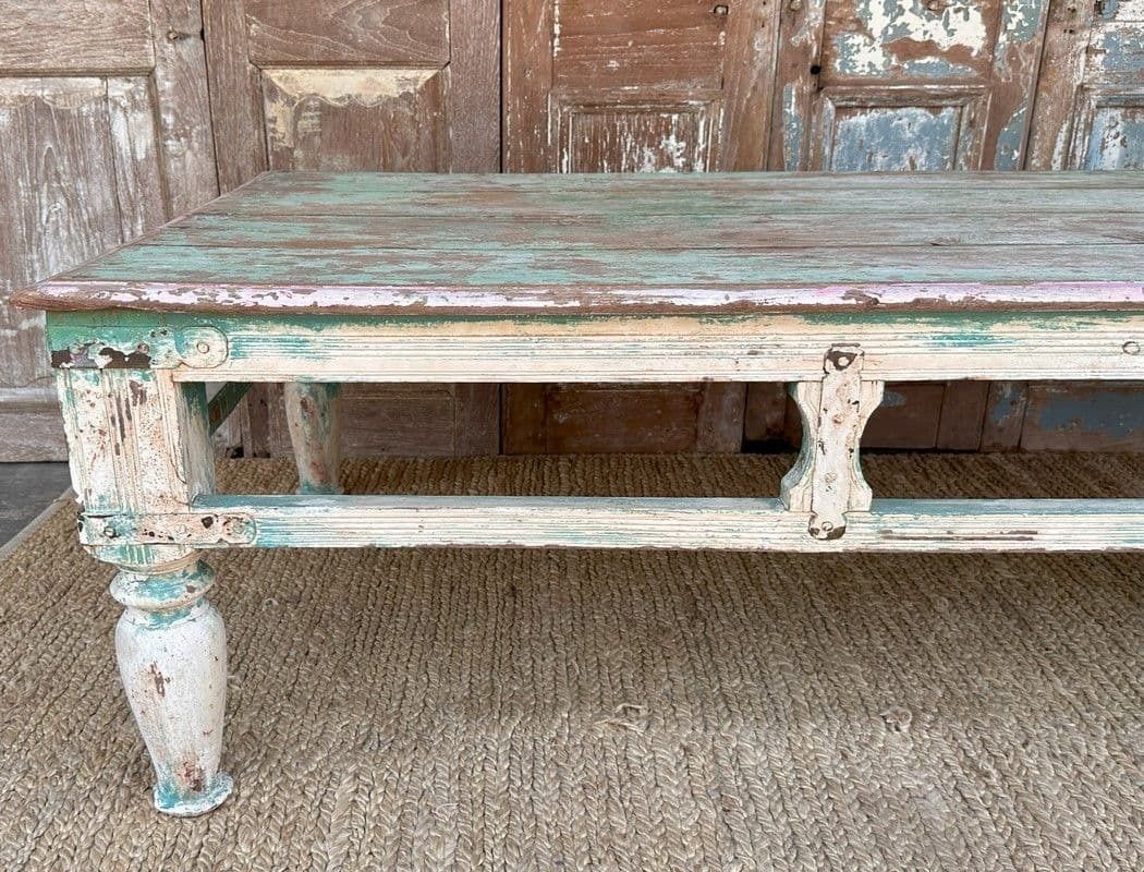 Antique Coffee Table With Faded Aqua Blue Paint Tones photo for sale