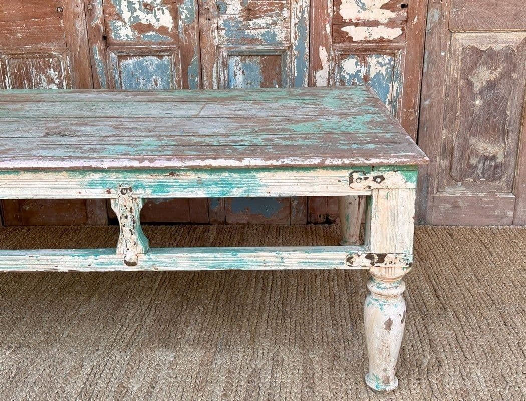 Antique Coffee Table With Faded Aqua Blue Paint Tones photo 1995.0