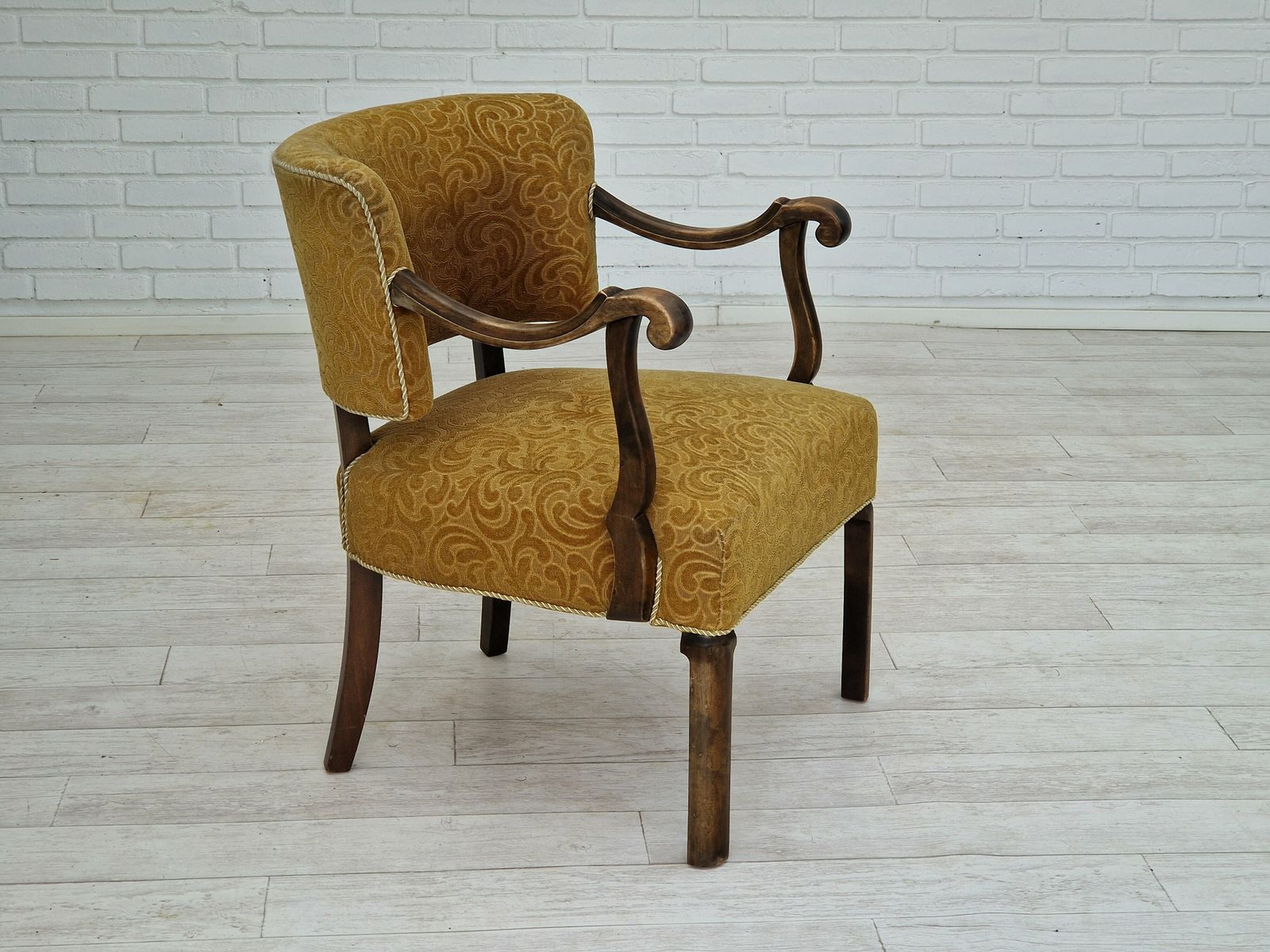 1930s, Scandinavian Design, Armchair In Green Furniture Fabric, Ash Wood, Original Very Good Condition.