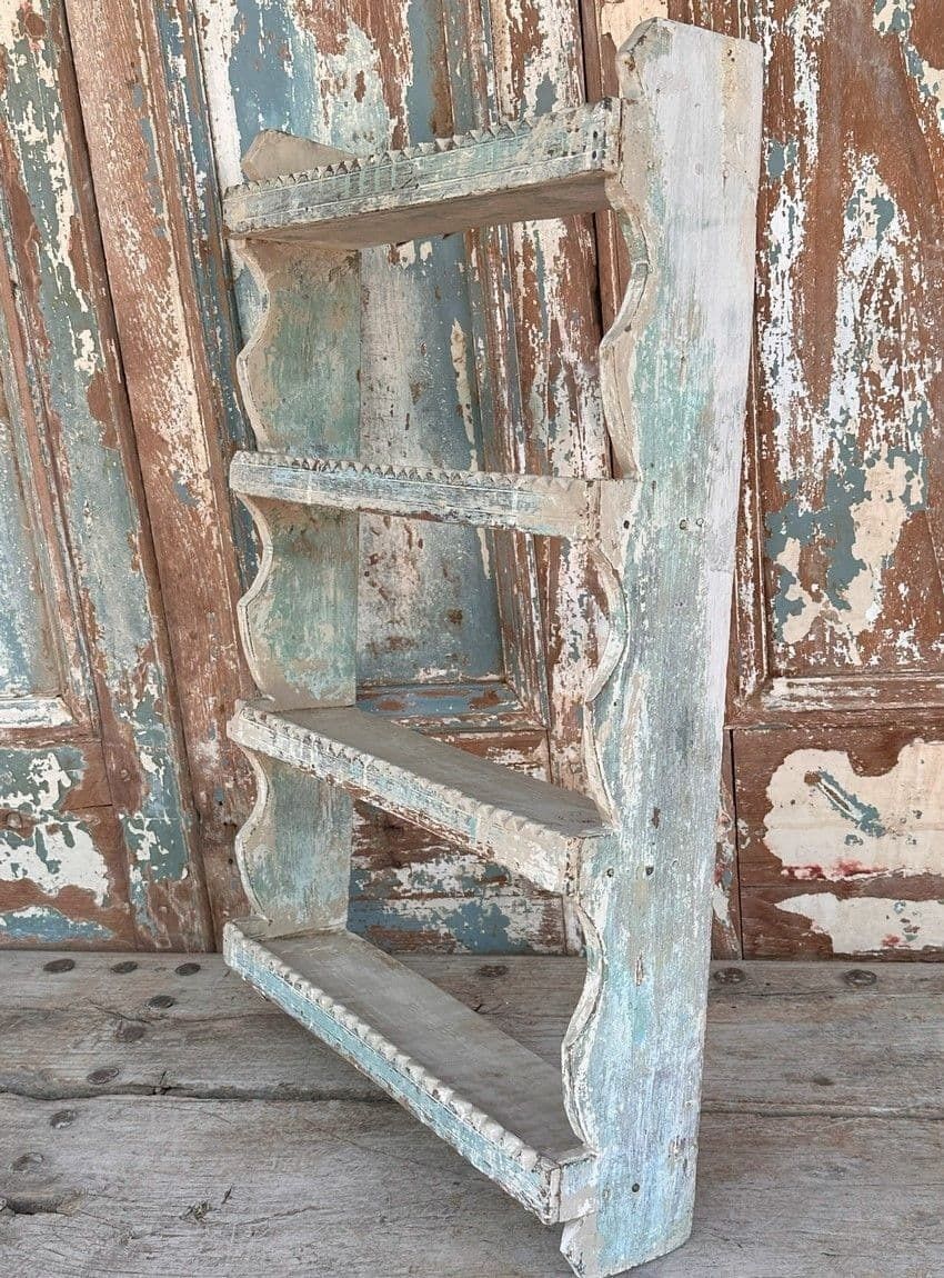 Vintage Shelf In Teak With Faded Paint Tones photo furniture