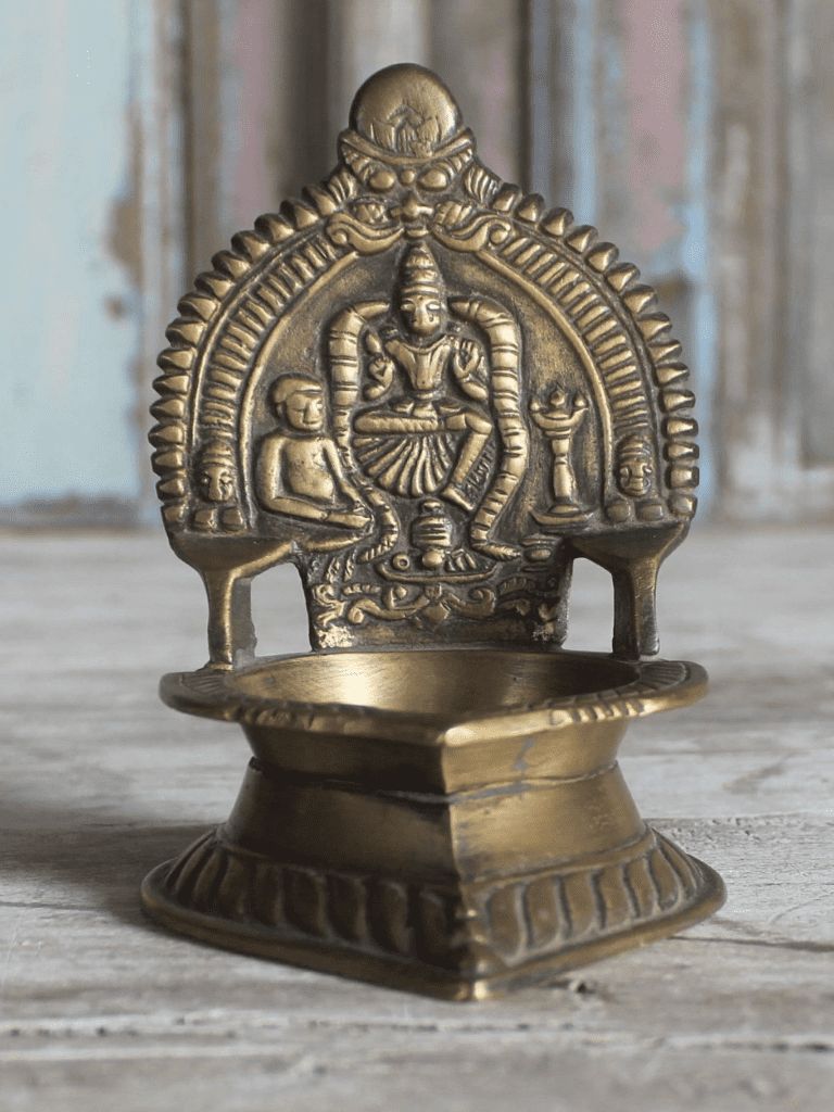 Rare Vintage Temple Oil Lamp Depicting Shiva With Cobras