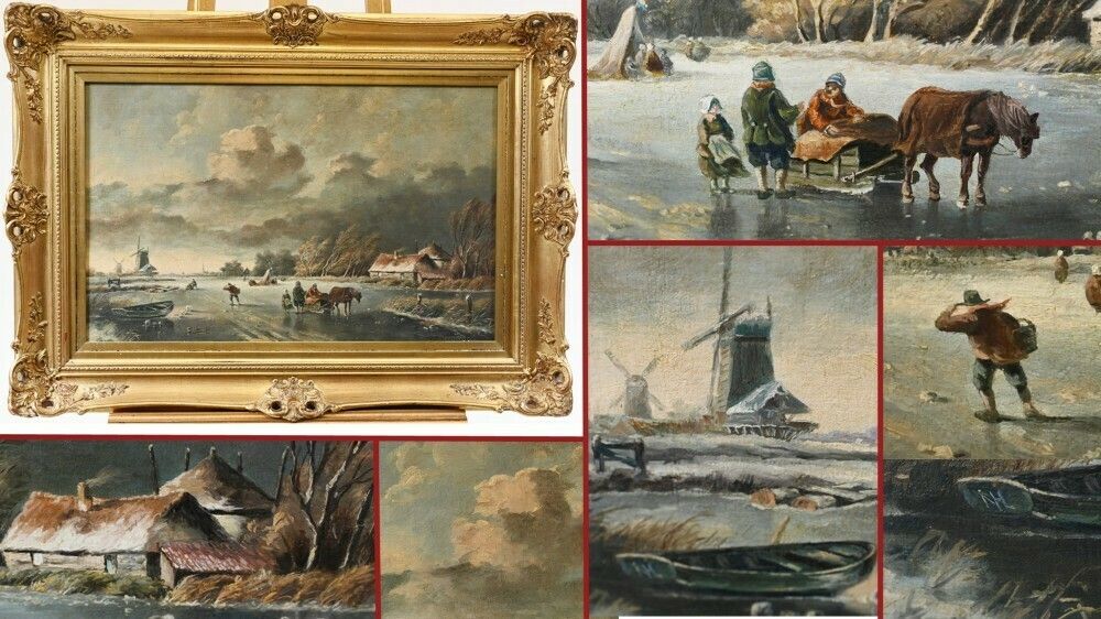 Dutch Oil Painting Frozen Landscape Signed T Bergman