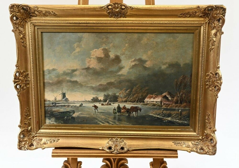 Dutch Oil Painting Frozen Landscape Signed T Bergman photo for sale