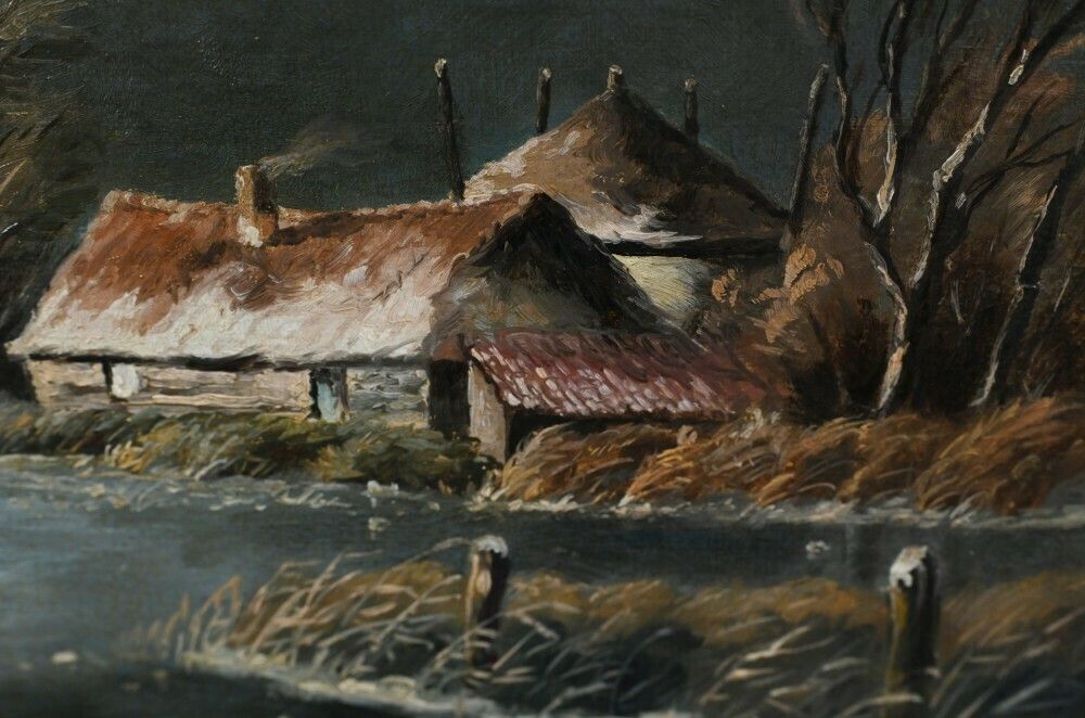 Dutch Oil Painting Frozen Landscape Signed T Bergman photo Art