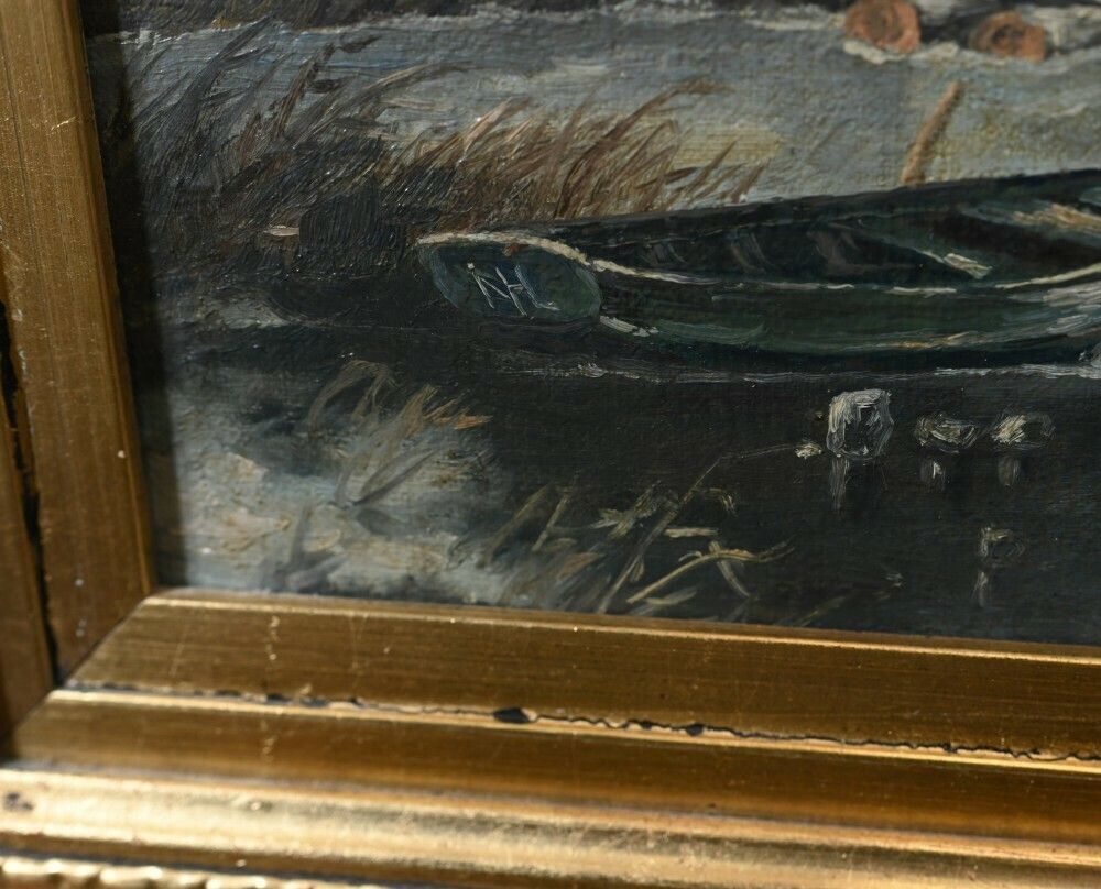 Dutch Oil Painting Frozen Landscape Signed T Bergman photo vinterior