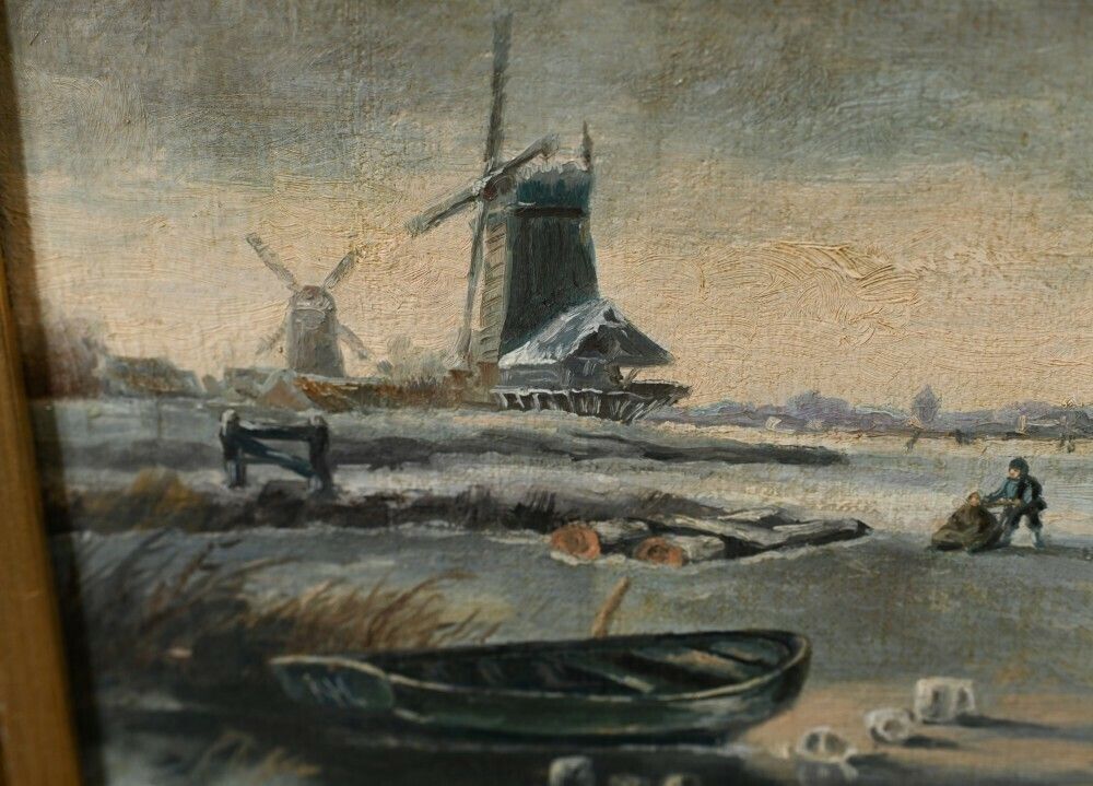 Dutch Oil Painting Frozen Landscape Signed T Bergman photo vintage