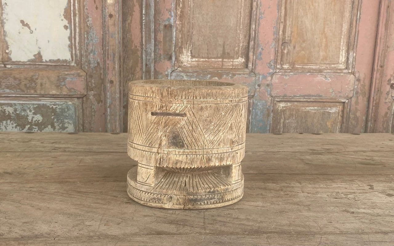 Antique Tribal Bleached Wood Mortar Pot, Jaisalmer
