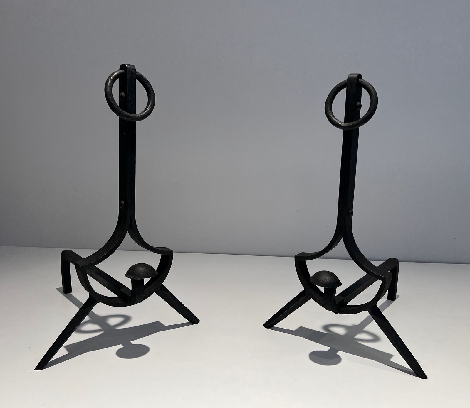Pair Of Modernist Wrought Iron Andirons photo for sale