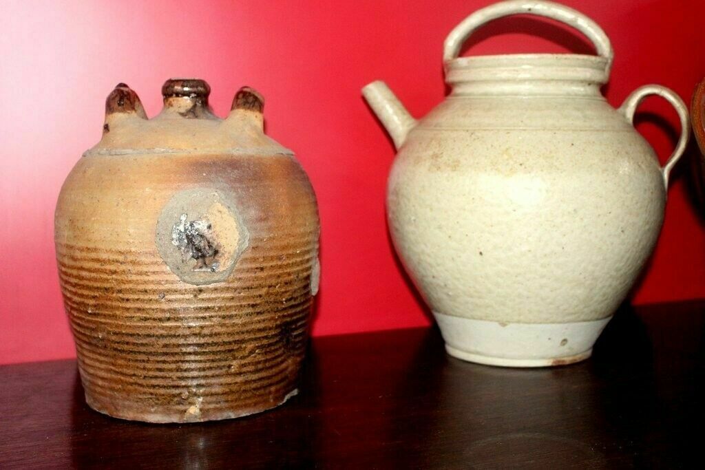 Tactile 19thc Antique French Hand Turned Clay Stoneware Twin Handled Oil Pot photo furniture
