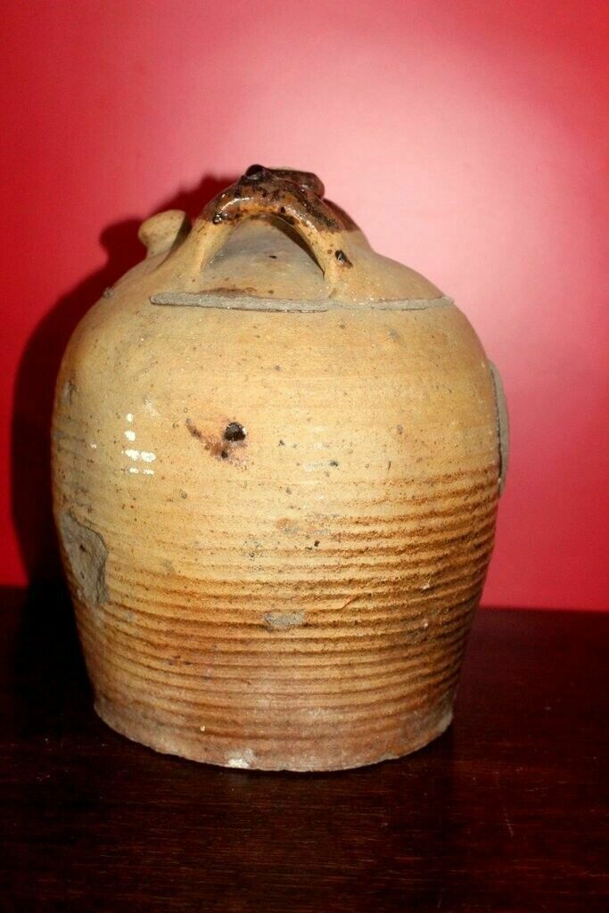 Tactile 19thc Antique French Hand Turned Clay Stoneware Twin Handled Oil Pot photo 124.0
