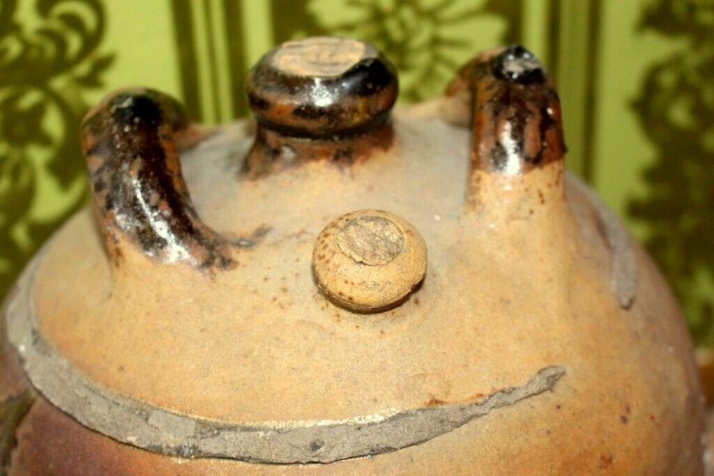 Tactile 19thc Antique French Hand Turned Clay Stoneware Twin Handled Oil Pot photo vintage